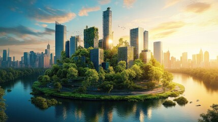 Obraz premium Urban Oasis Design Concept in a Modern City with Lush Greenery and High-Rise Buildings Surrounded by Water