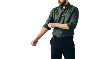 Man Rolling up Sleeves of Green Shirt Against White Background