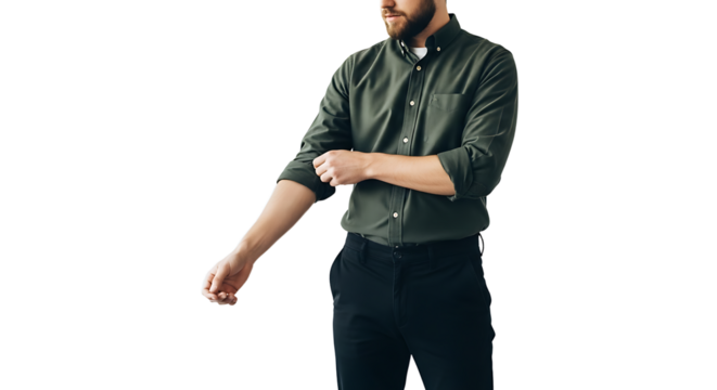 Man Rolling up Sleeves of Green Shirt Against White Background