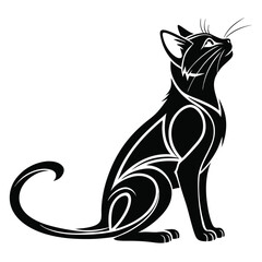 Black cat with a tribal pattern is sitting and looking upward gracefully