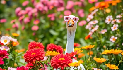 Pink-spectacled goose playfully poses amidst vibrant garden blooms, sunny day,  stock photo,  cute