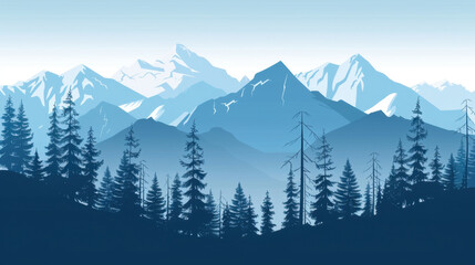 Obraz premium Serene landscape featuring pine trees at base of majestic mountains with snowy peaks in background, evoking sense of tranquility