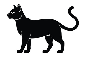 A sleek black silhouette cat confidently stands gracefully, displaying its slender form with a curled tail