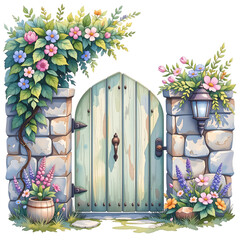 Charming floral gate entrance garden illustration serene environment close-up view whimsical design for serenity
