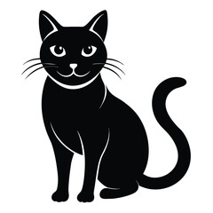 Smiling sleek black cat sits upright looking forward directly on white background
