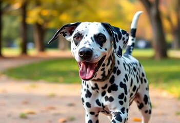 Playful Dalmatian dog with black spots, wagging tail, running in park , wagging, dog photography