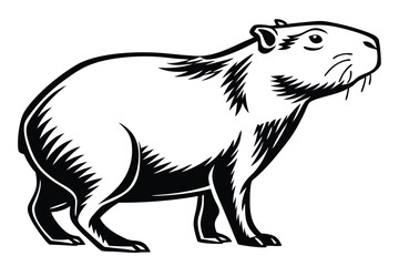 Capybara standing profile showcasing its semi aquatic rodent characteristics in a bold black and white rendition