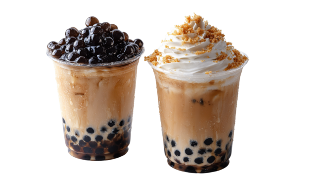 Two delicious bubble tea drinks with tapioca pearls isolated on black background