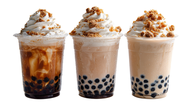 Three delicious bubble tea drinks with whipped cream on black background - Powered by Adobe