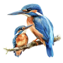 A Mother Kingfisher With Her Kid, watercolor clipart vector, isolated on a white background.