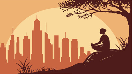 Silhouette of a person meditating under a tree with a cityscape in the background at sunset time