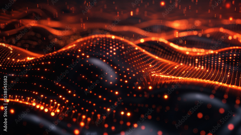 Poster abstract glowing waves with particles creating dynamic visual effect, showcasing vibrant orange and 