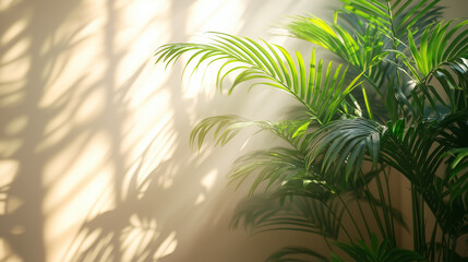 Bright rays of sun penetrate through the window, casting shadow patterns from the palm leaves on the light wall.