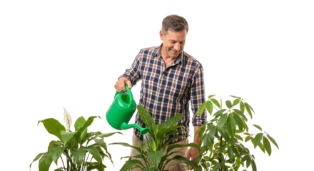 Man watering plants at home with a watering can, smiling