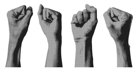 Four clenched hand fists in halftone black and white symbolize strength, power, unity, and solidarity.