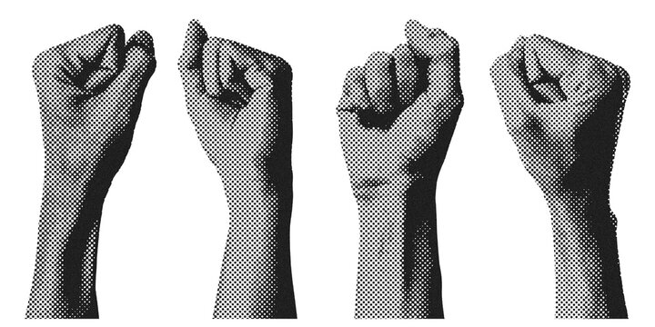 Four clenched hand fists in halftone black and white symbolize strength, power, unity, and solidarity.