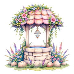 Enchanting floral well with lantern garden setting illustration serene environment aesthetic viewpoint