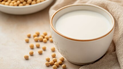 A ceramic cup of soy milk is surrounded by raw soybeans on a light surface with a beige cloth.