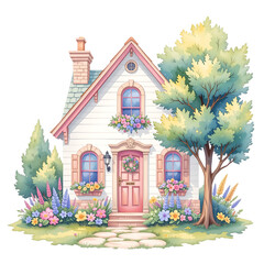 Charming garden cottage with colorful flowers residential area illustration springtime front view home aesthetic