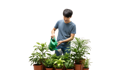 Man Watering Potted Plants at Home with Watering Can