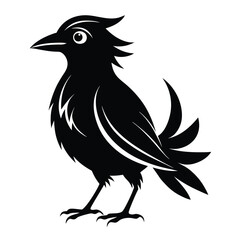 Monochrome stylized bird silhouette stands, its feathered tail slightly fanned and distinctive crest evident