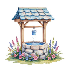 Refreshing water well surrounded by colorful flowers tranquil garden setting illustration nature serene view