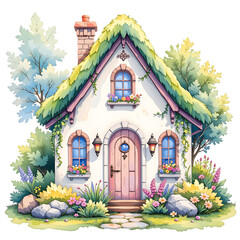 Charming cottage in a lush garden illustration scenic environment whimsical viewpoint