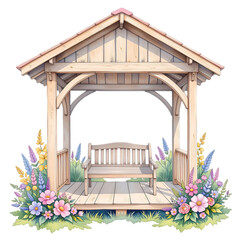 Relaxing wooden gazebo surrounded by colorful flowers in a tranquil garden setting vibrant nature scene