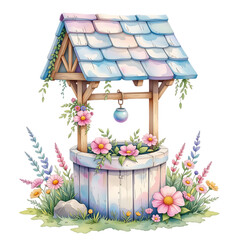 Enchanting floral well tranquil garden digital illustration serene environment aerial view whimsy concept