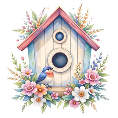 Charming birdhouse with colorful flowers nature setting digital artwork vibrant colors close-up view home sweet home concept