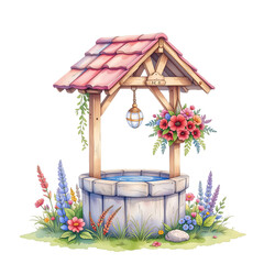 Charming decorative well surrounded by flowers nature setting illustration tranquil atmosphere close-up perspective