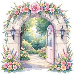Charming floral garden gateway with pink door nature illustration bright daylight serene setting