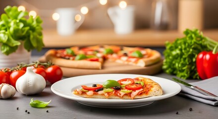Appetizing pizza slice with fresh basil and vibrant toppings on a white plate