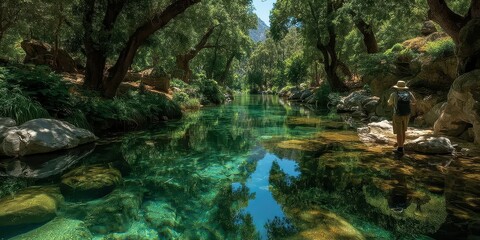 Fototapeta premium Scenic river view with lush greenery and clear water in a tranquil natural setting during daylight