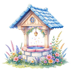 Whimsical water well surrounded by colorful flowers enchanted garden digital artwork serene atmosphere vertical view