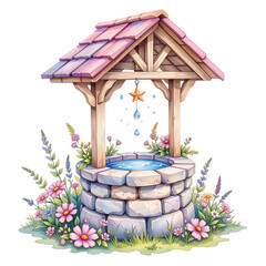 Whimsical well with flowers enchanted garden digital art serene landscape close-up view nature concept