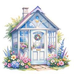 Charming garden shed residential area illustration floral environment front view home decor inspiration
