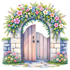 Whimsical floral archway door enchanted garden digital illustration lush nature eye-level view serenity and beauty
