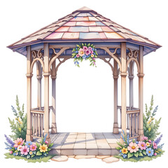 Charming wooden gazebo with floral accents garden illustration serene elevated view outdoor retreat concept