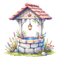 Charming rustic well surrounded by vibrant flowers serene garden digital illustration peaceful scene whimsical art