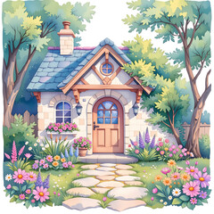 Charming cottage surrounded by colorful flowers suburban garden digital art springtime serenity front view home lifestyle