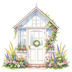 Charming floral cottage with beautiful garden serene setting illustration nature front view whimsical design