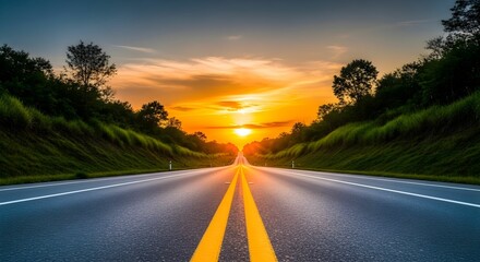 Sunset Road Perspective with Center Yellow Lines and Distant Horizon Framed by Grassy Slopes and Scattered Trees under Glowing Sky