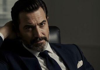 Fototapeta premium A sophisticated businessman in a suit poses confidently, looking directly at the viewer.