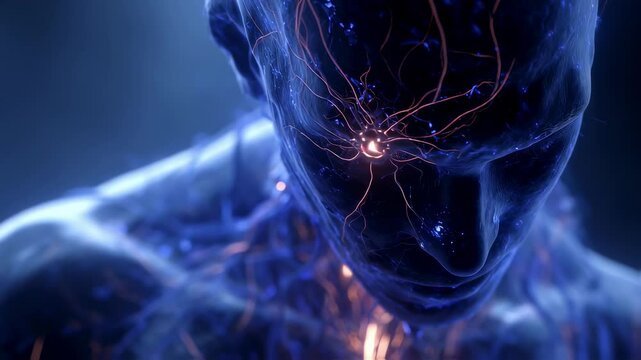 Medical animation showing a transparent human body highlighting the pineal gland and its network, focusing on its role in sleep regulation and melatonin production