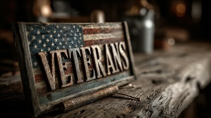Wooden veterans sign featuring American flag detail on a rustic table in a veteran recognition center