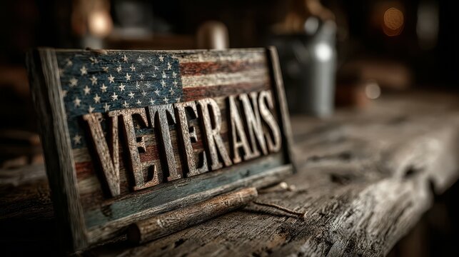 Wooden veterans sign featuring American flag detail on a rustic table in a veteran recognition center