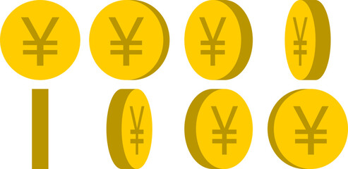 Basic 8-frame Rotating Coin with Japanese Yen or Chinese Yuan Sign Symbol Sprite Sheet for Sprite Animation in Games and App UI. Vector Image.