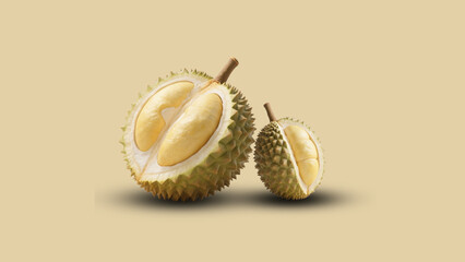 Fresh Durian Fruit - Opened and Whole on Neutral Background