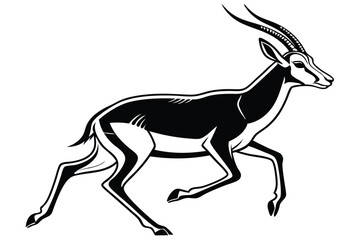 Dynamic black and white art shows a running antelope with prominent horns
